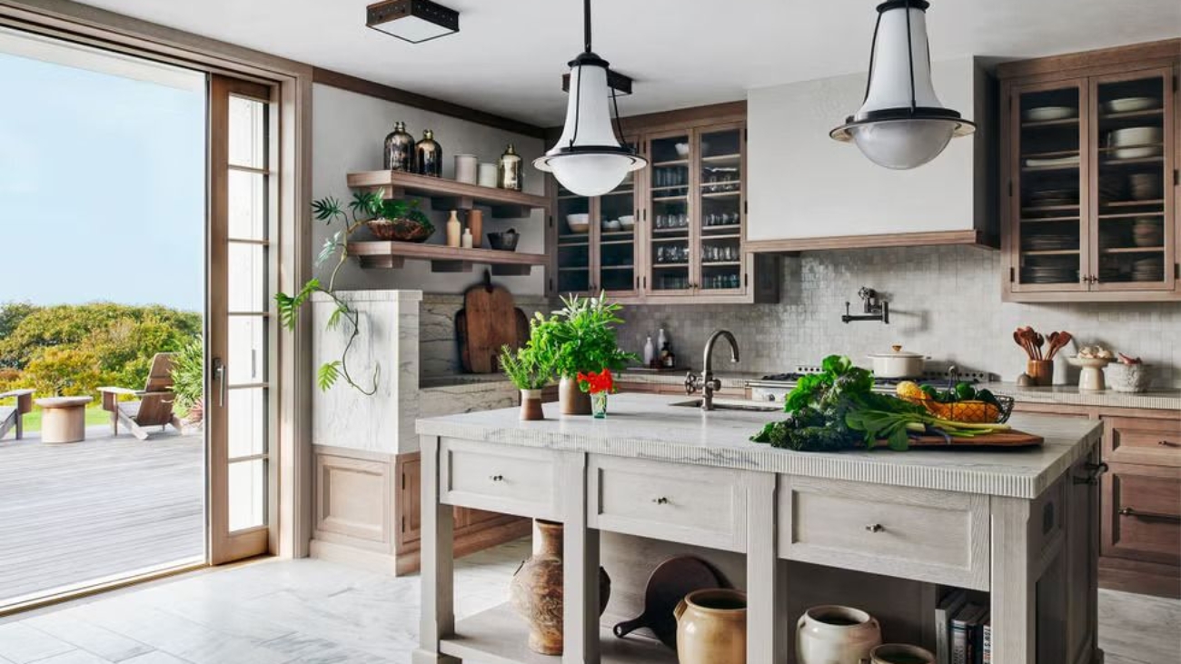 modern renovated kitchen with island and bright lighting