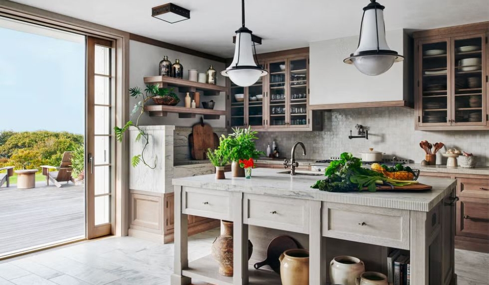 modern renovated kitchen with island and bright lighting