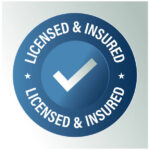 'licensed and insured' vector icon with tick mark. blue in color